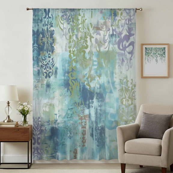 Blue Sage Green Boho Sheer Curtains 45 Inches Long, Vintage Ethnic Tribe Abstract Art Light Filering Curtains, Breathable Simi Curtain Privacy Drapes for Kitchen Bathroom Small Window Treatment