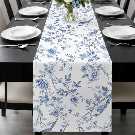 Blue White Spring Floral Table Runner 48 Inches Long, Summer Botanical Birds Kitchen Coffee Dining Table Decoration for Home Party Birthday Wedding Home Decor 13x48 Inches