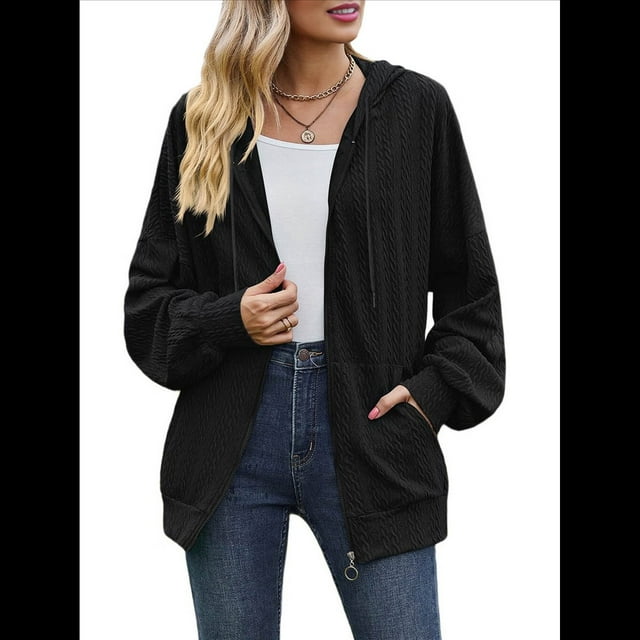Sudadera con Capucha y Cremallera para Mujer, de Larga, Informal, de Gran Tamaño, con Bolsillos. Negro L