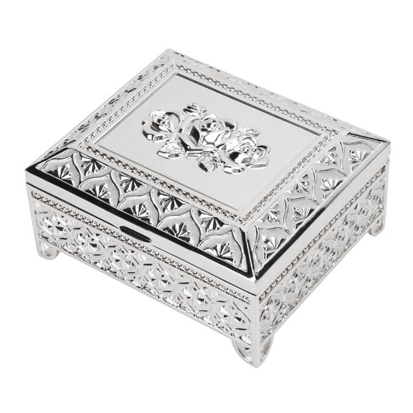 Caja de baratijas con patrón de rosa vintage en relieve de una sola capa con tapa abatible, caja de almacenamiento de joyas de aleación de zinc, caja de regalo para mujeres y niñas, color plateado