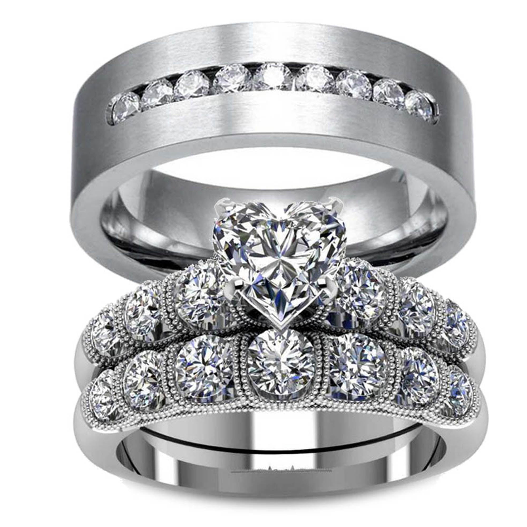 Two Rings His and Hers Wedding Ring Sets Couples Rings 10kt White Gold ...