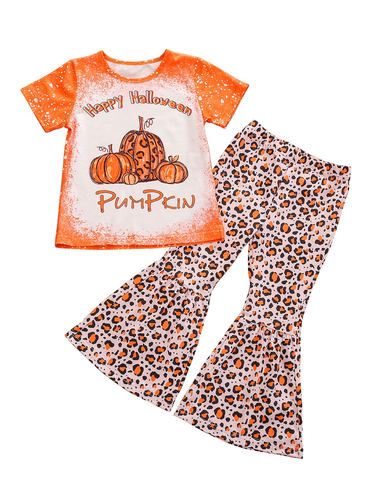 DER Newborn Baby Girl Leopard Outfit Letter Print T Shirt+Bell-Bottom Pants Set