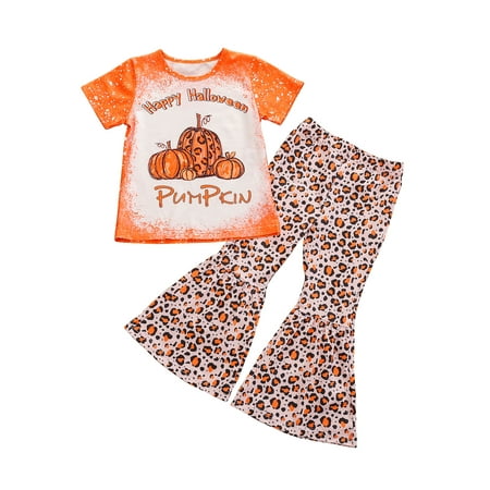 

ZIYIXIN Toddler Baby Girls Halloween Outfits Short Sleeve Pumpkin Print T-Shirt Tops Bell Bottom Pants 2PCS Set Orange 18-24 Months