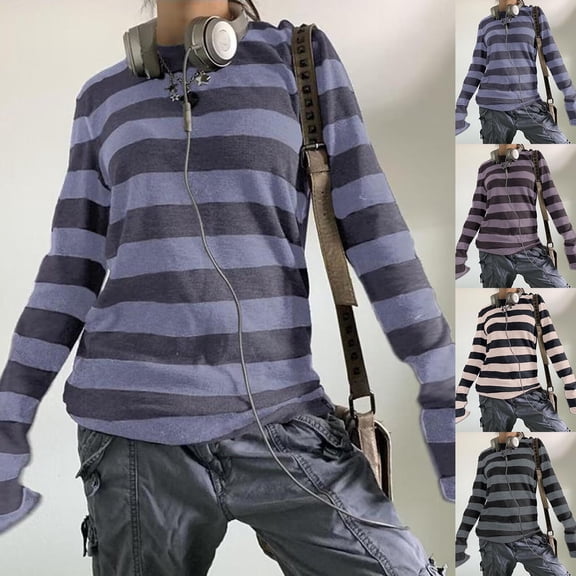 Basic T Shirts for Women Spring Summer Casual Tees Loose Long Sleeve Crewneck Striped Tops