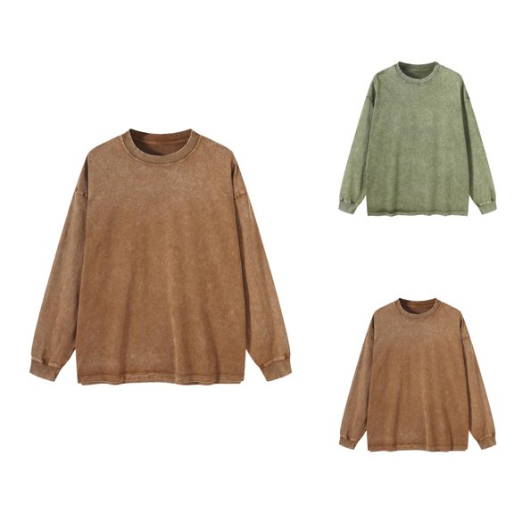 Fall Shirts for Women 2025 Solid Color Washed Crewneck Loose Midweight Casual Blouse Tops Long Sleeve Shirts for Women