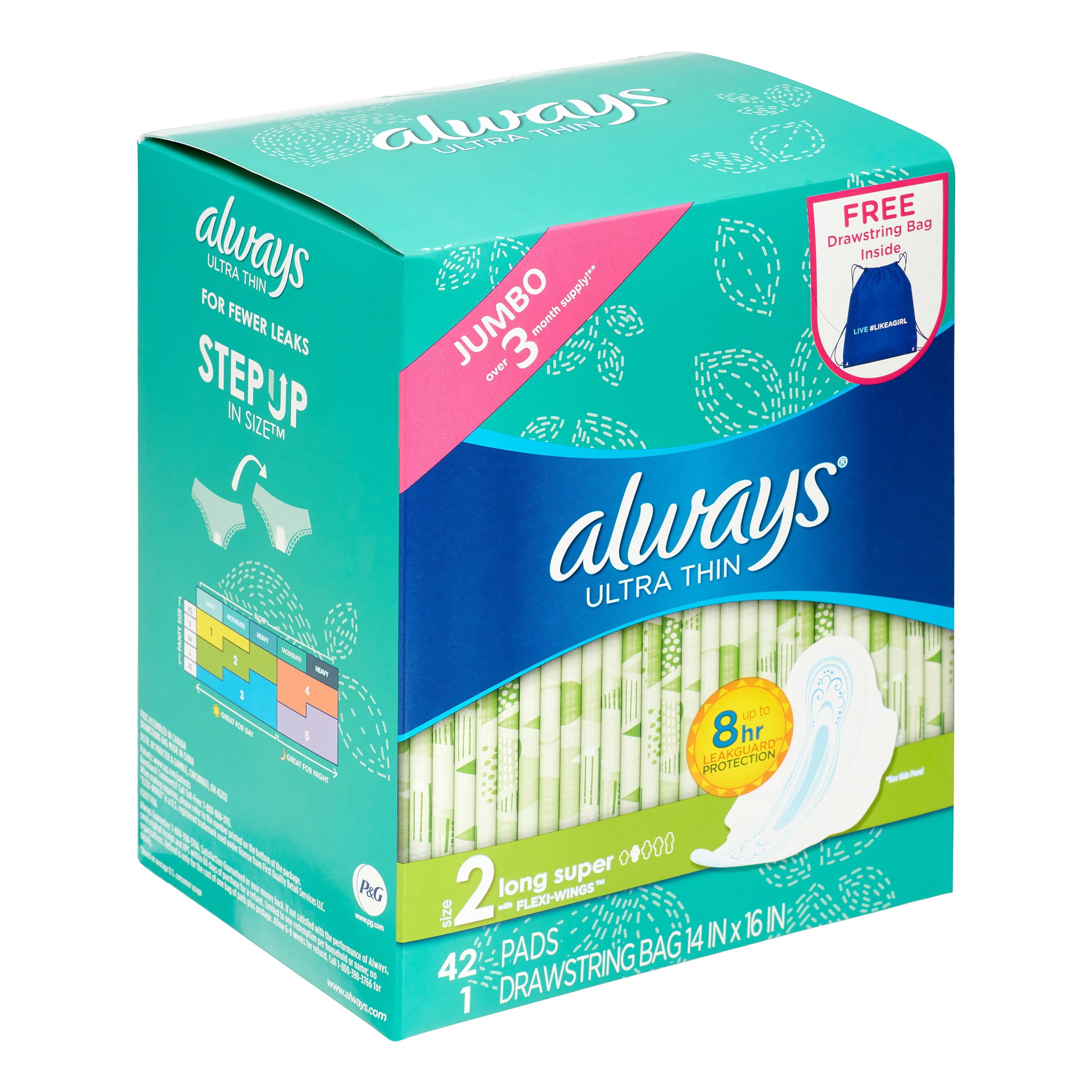 Always ultra thin pads, long & super, 42 ct + bonus sport bag