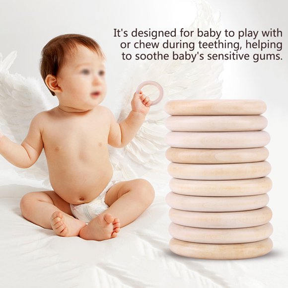 Qiilu Natural Wood Teething Ring,10pcs Baby Infant Natural Wood Teething Ring Teether Toy Wooden Bracelet DIY Craft, Baby Teething Ring