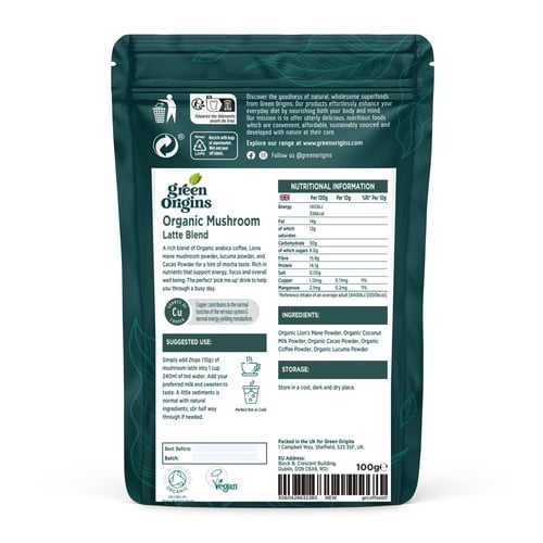 Green Origins Organic Super Mushroom Latte Blend 100g, British Import (Pack of 2)