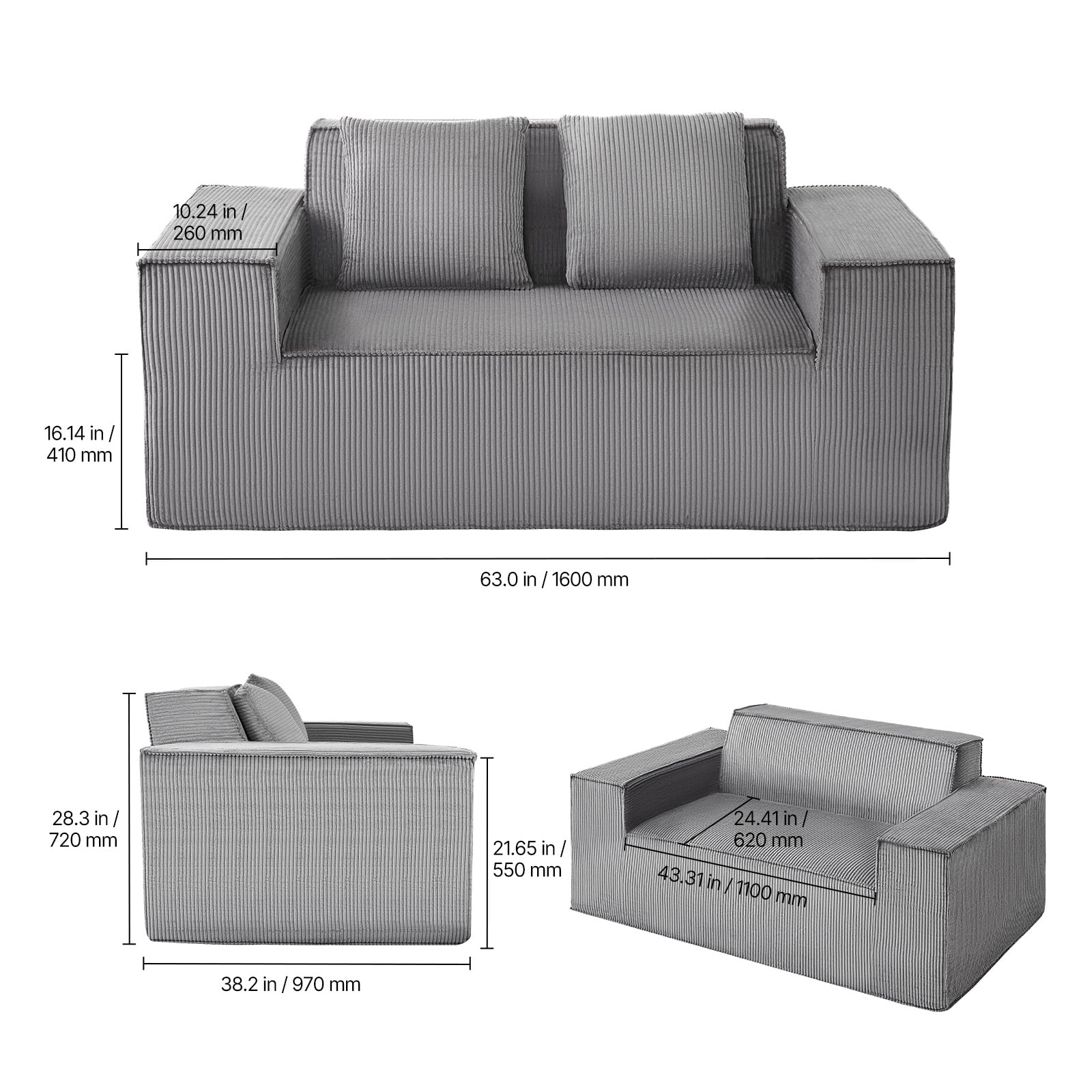 VEVOR Loveseat Sofa, 63-Inch 2-Seats Couch for Living Room, Modern Small Corduroy Couch with Pocket Springs, Soft Cushions,Comfy Loveseat for Bedroom, Office or Apartment, No Assembly Required, Gray