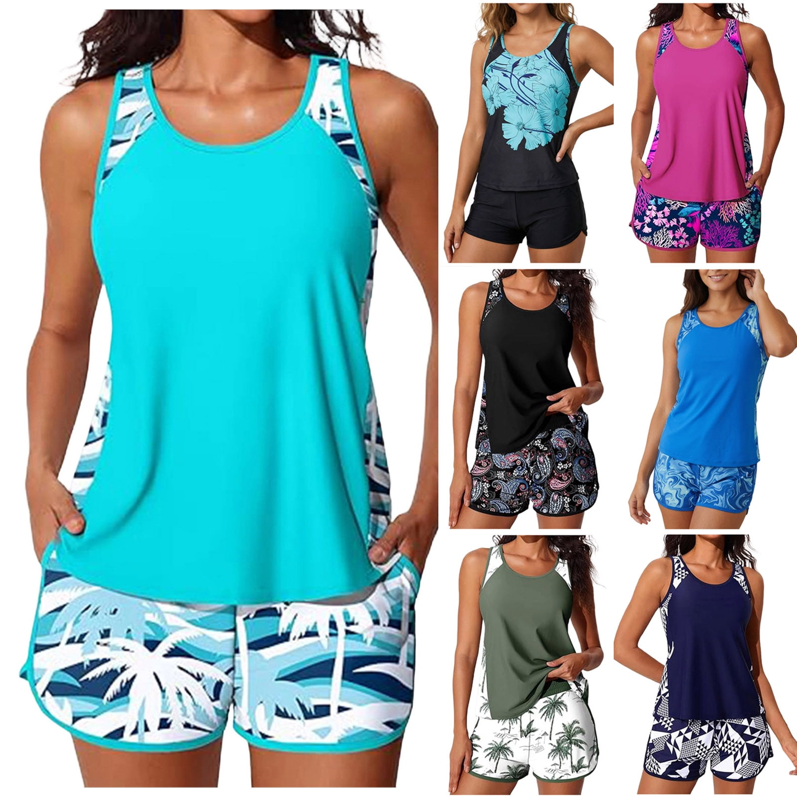 COMVALUE Blouson Tankini Swimsuits for Women 2026 Tummy Control Two Piece Bathing Suits with Sporty Pockets Swim Shorts (Army Green, XL)