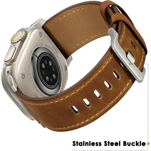 SHILIU-Leather Band Compatible with Apple Watch Ultra 3/2/1 Band 49mm 46mm 45mm 44mm 42mm Men, Genuine Leather Strap for iWatch Ultra Series 11 10 9 8 7 6 5 4 3 2 1 SE 3/2/1, Retro Brown/Titanium