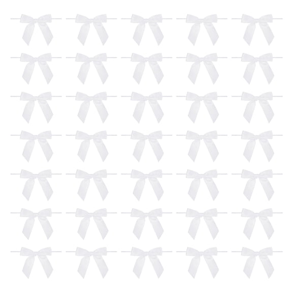 50Pcs Twist Tie Bow 3.5" Pre-Tie Gift Bows Mini Fabric Satin Ribbon for Treat Bags Craft DIY Flower Sewing Wedding Birthday Party (White)