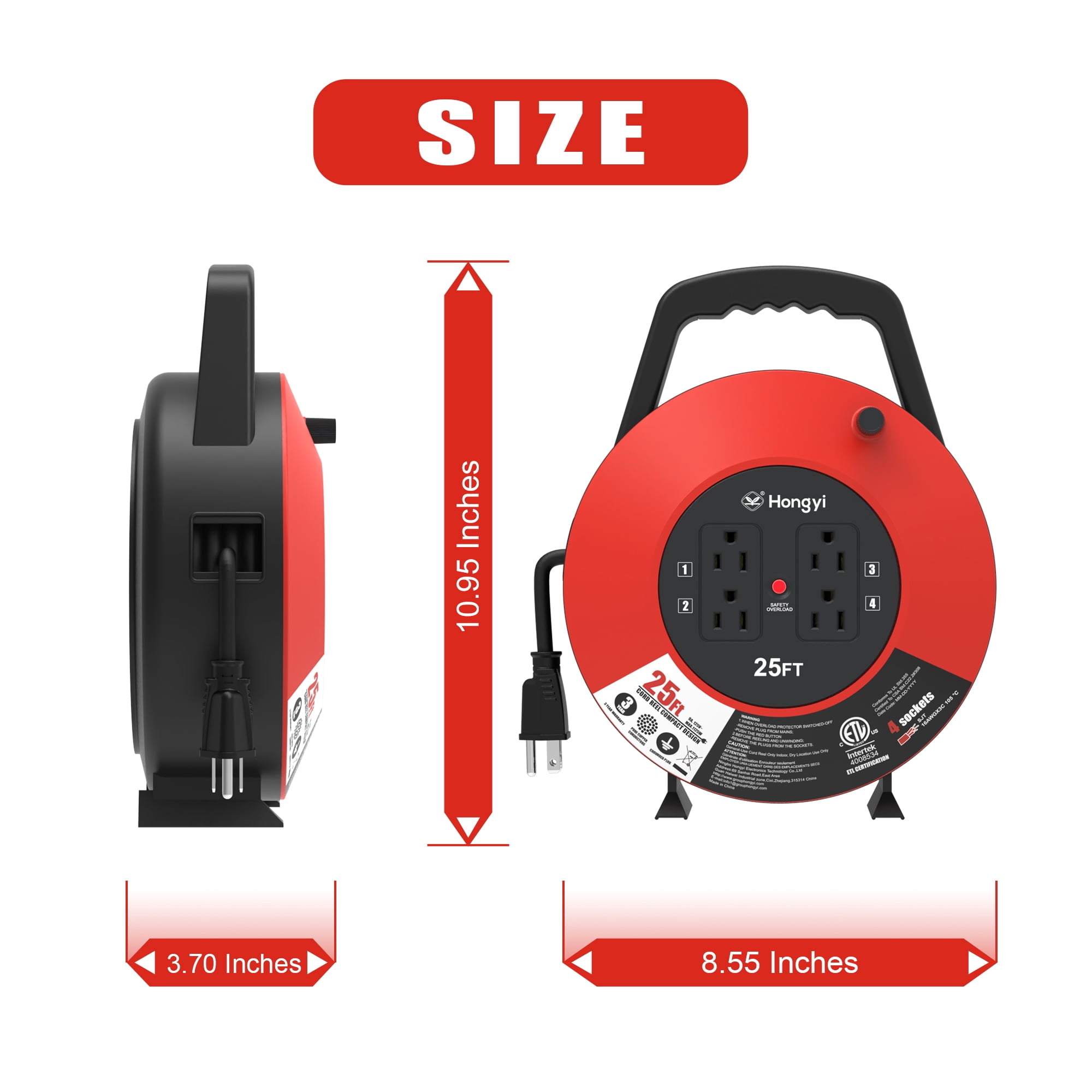 Hongyi 16AWG x 3C 25ft 4-Outlet SJT Extension Cord Reel, Red