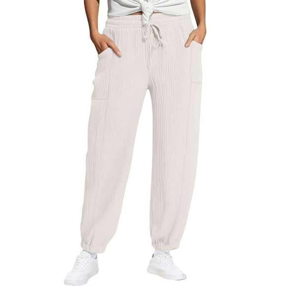 zbxnLI Womens Casual Pants High Waist Drawstring Solid Color Lightweight Lounge Beach Pants with Pockets