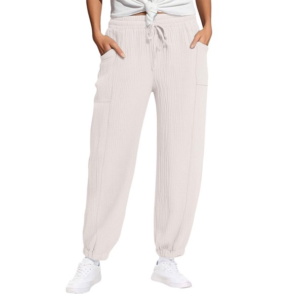 UAMVSH Baggy Jogger Pants for Women Lightweight High Waist Harem Pant Trendy Vintage Vacation Work Lounge Pants with Pockets(X-Large,White)