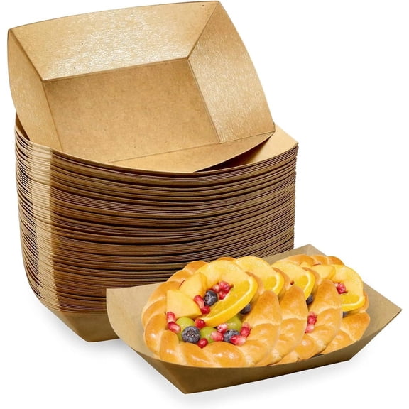2lb Kraft Paper Food Trays, Heavy-Duty Paper Food Boat Disposable Serving Basket Tray，Disposable Paper Boats for French Fries Snack Hot Dog BBQ Popcorn Party Picnic Wedding Party (Brown,50 Pack)