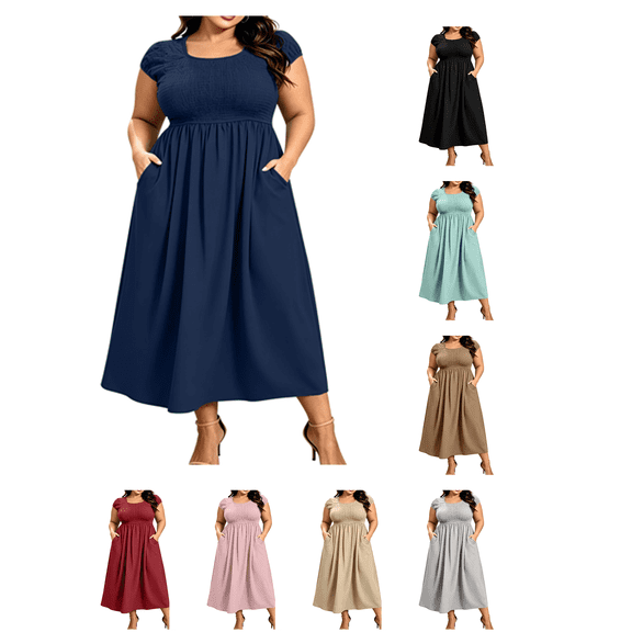 Busydd Plus Size Fall Dresses for Women Oversized Smocked Bust Round Neck Maxi Dress Casual Short Sleeve Solid Color Fall Dress with Pockets L