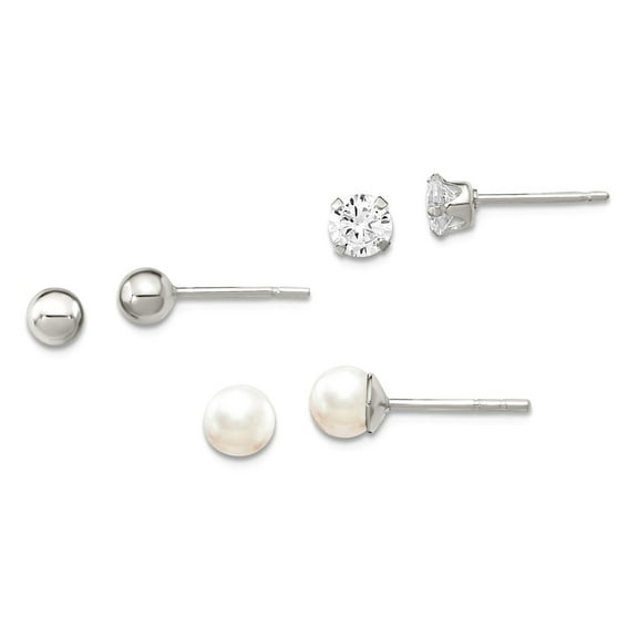 925 Sterling Silver Polished Stellux Crystal and Freshwater Cultured Pearl Post Earrings 3pc Set 5x5mm Stud Earring for