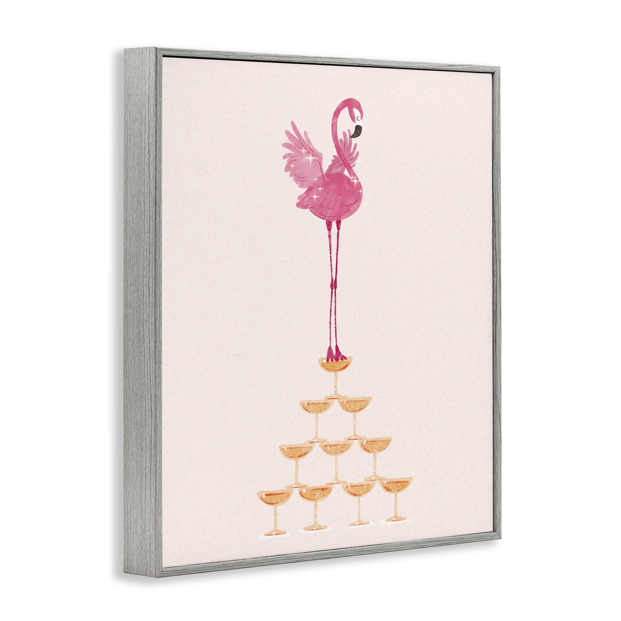 Stupell Industries Balancing Flamingo & Wine Novelty Painting Gray Framed Art Print Wall Art, 16 x 20