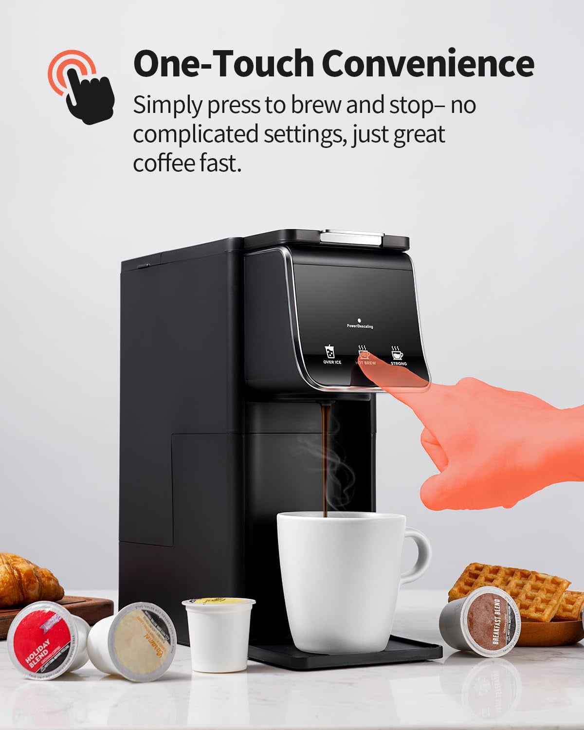 Hot Iced Coffee Maker, K-Cups Ground Coffee, Single-Serve Brewer with Bold Setting, Reusable Filter, Travel Mug Friendly, Compact Quick Brew, Black