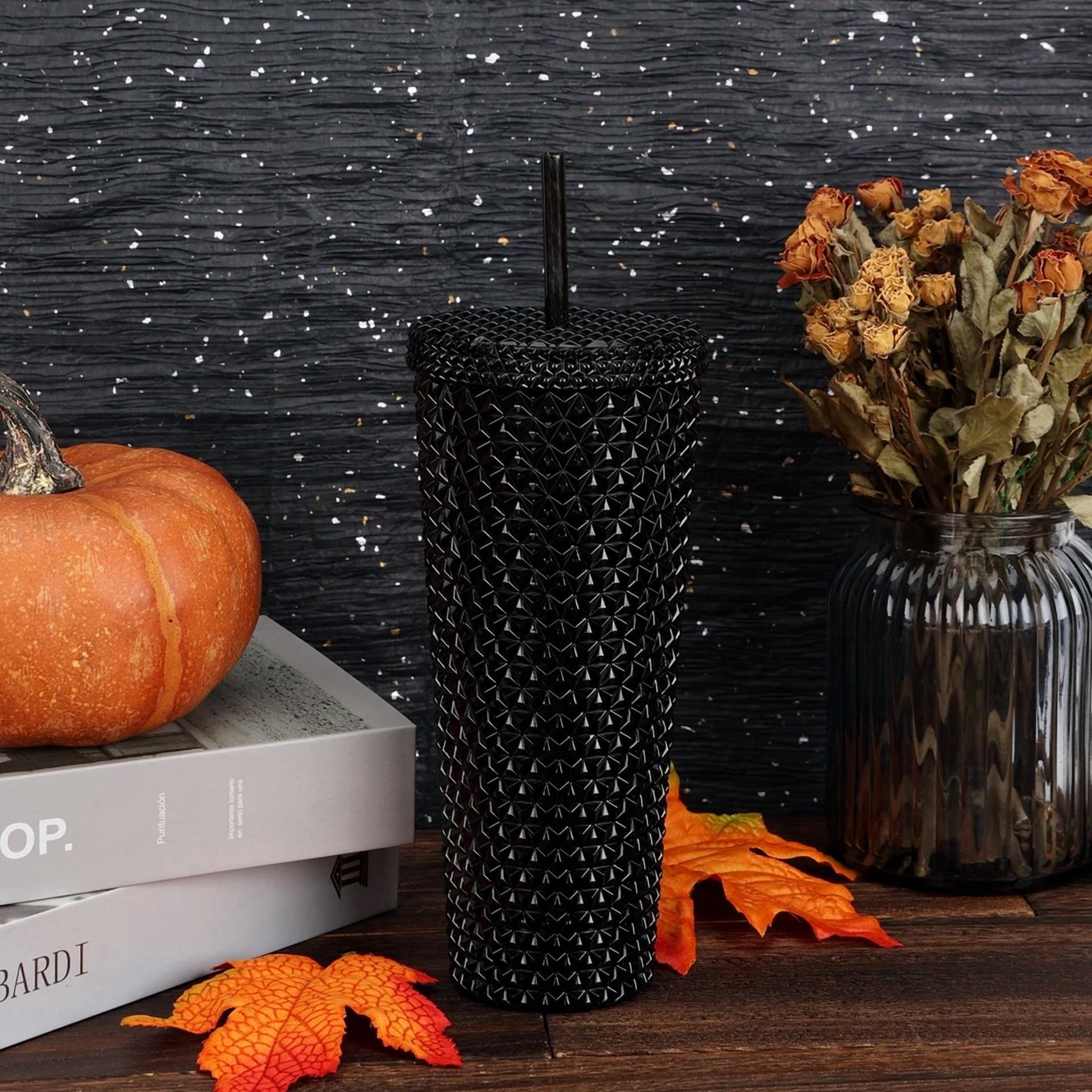 BUTTERFLY- Double Wall Insulated Iridescent Textured Tumbler With Straw, Black