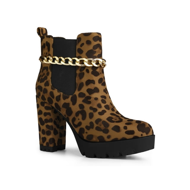 BLISSFUL STEP Women's Platform Chain Block High Heel Ankle Boots Leopard 6