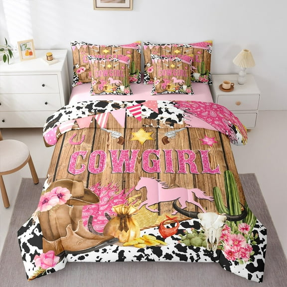 Manfei Sequin Cowgirl Print 7-Piece Twin Bedding Sets,Rustic Bull Skull Bedding Comforter Set,Farm Horse Cattle Hide Sheet Sets For Girl,Breathable Home Decor Reversible