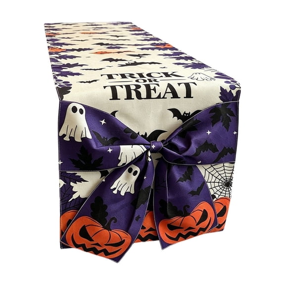 OCCOA Halloween Table Runner with Large Bow Decoration, Spooky Kitchen Dining Table Runner, Polyester Holiday Party Table Decor, B