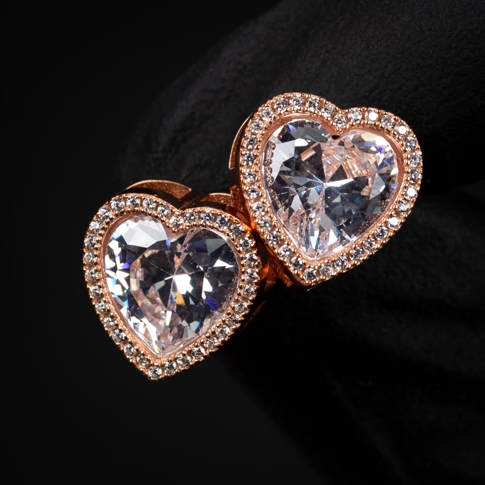 Women's Rose Gold 925 Sterling Silver Heart Shaped Screw Back Cz Stud Earrings