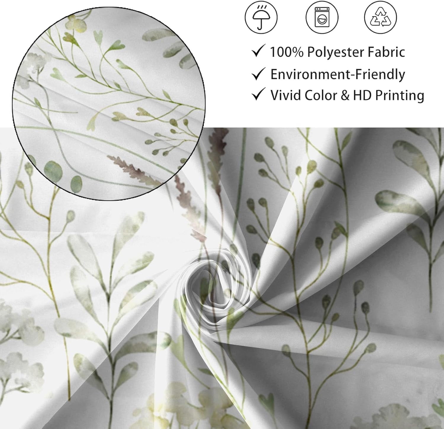 60x72 Inches Sage Green Leaves Shower Curtain Watercolor Leaf Floral Plant Bath Curtain Botanical Fabric Shower Curtain for Bathroom Decor Set Polyester Waterproof with Hooks