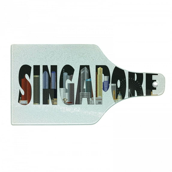Singapore Cutting Board, Modern Lettering with City Skyline Illustrated in the Letters on a Plain Backdrop, Decorative Tempered Glass Cutting and Serving Board, in 3 Sizes, by Ambesonne