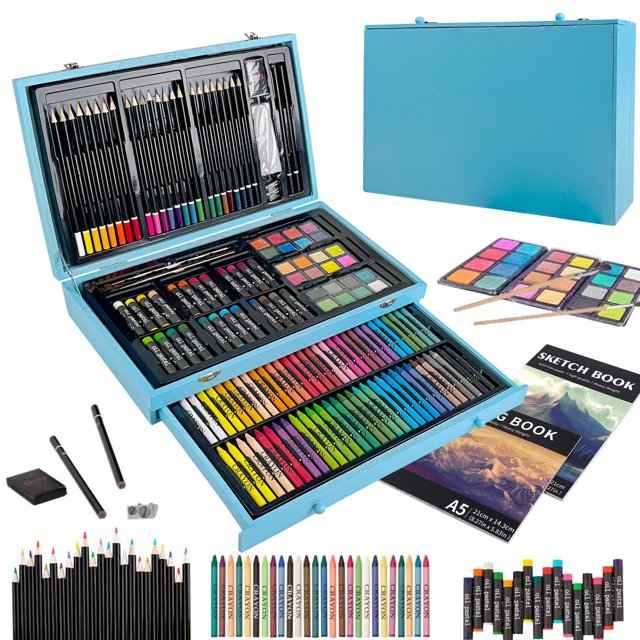 KINSPORY 148 Pack Deluxe Art Supplies, Deluxe Wooden Art Set Crafts Drawing Painting Coloring Kit, Coloring Book, Sketch Pad, Gift for Artist Beginners Kids Girls Boys(blue)
