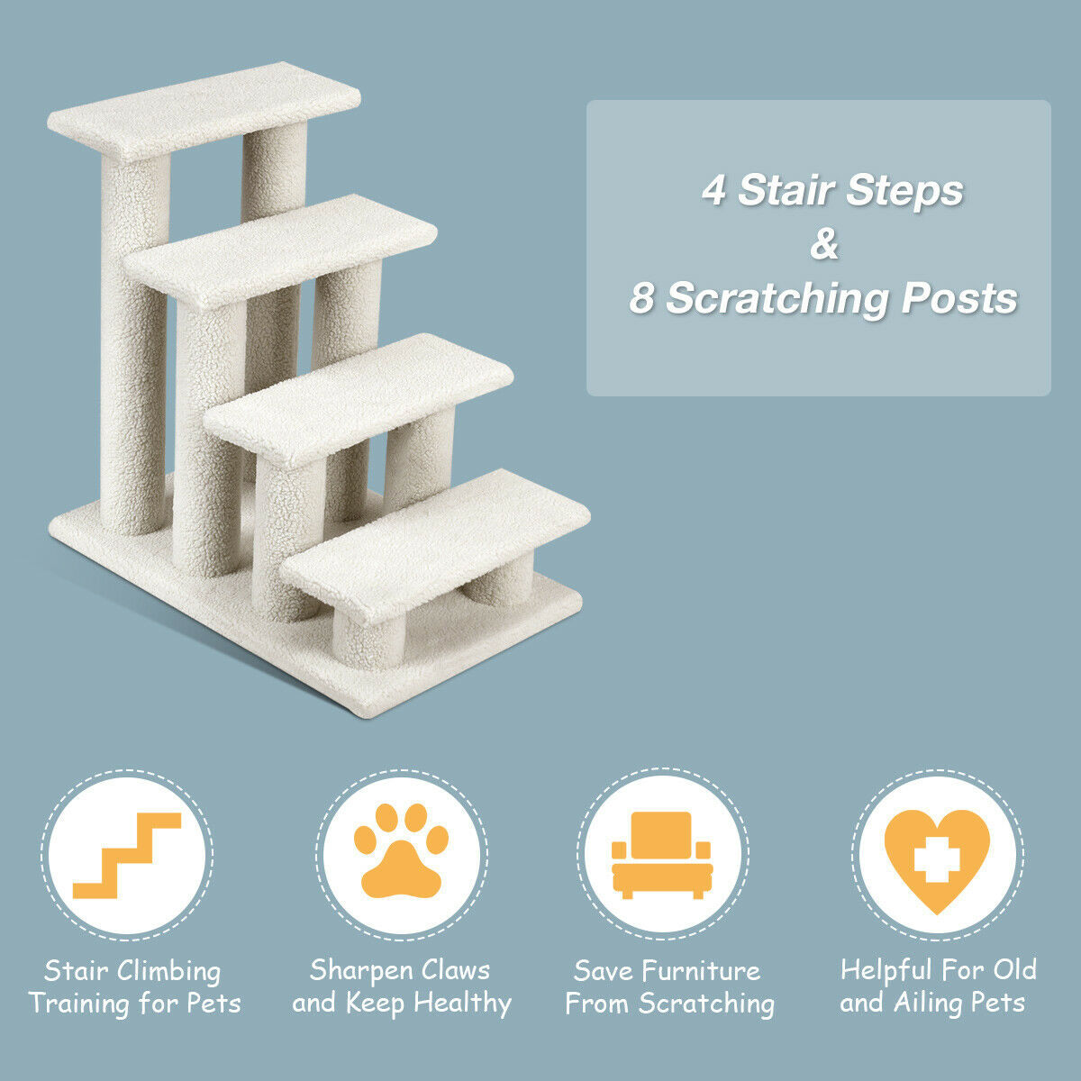 Gymax Fashion 24'' 4-Step Pet Stairs Carpeted Ladder Ramp 8 Scratching Post Cat Tree Climber