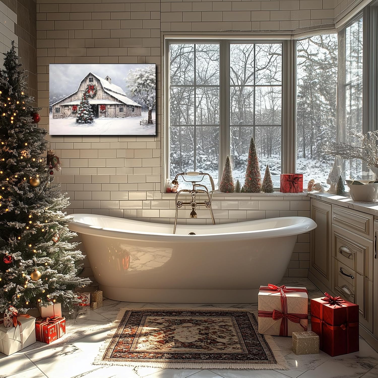 Framed Christmas Wall Art, Farmhouse Barn Pictures Wall Decor Winter snow Scene Canvas Painting Print Home Artwork Decorations for Bathroom Living Room Bedroom
