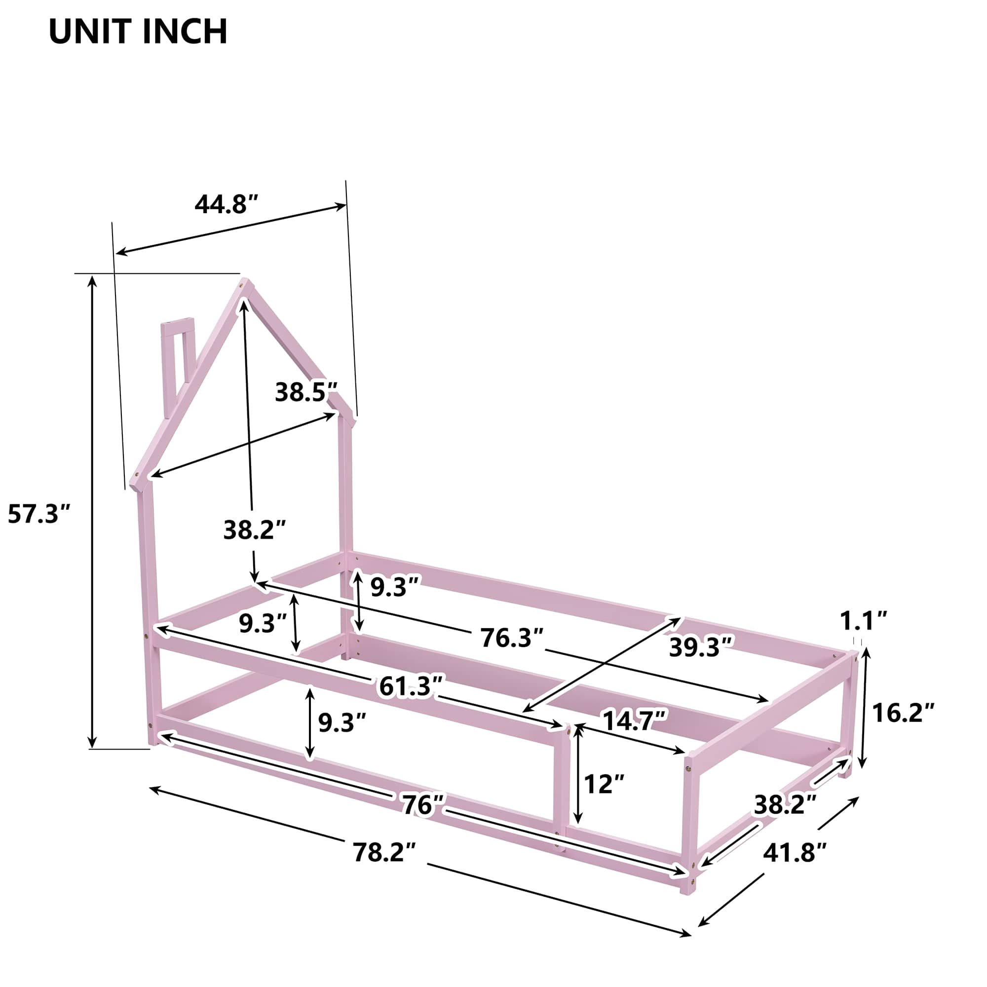 MAYEERTY Twin Size Wood Bed Frame with House-Shaped Headboard with Fences for Adult, Pink