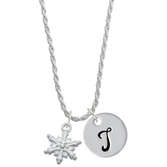 Delight Jewelry White Snowflake with Clear Crystal Silvertone Script Initial Disc - T - Charm Necklace, 20"+3"