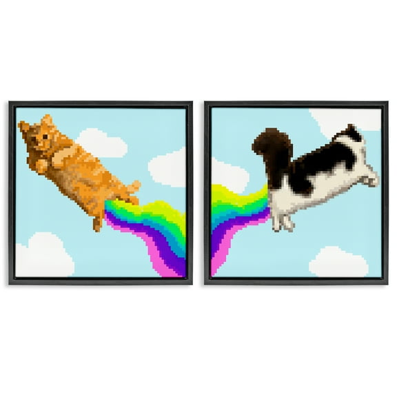 Stupell Industries Pixel Cats with Rainbows Animals Painting Black Floater Framed Canvas Art Print Wall Art, 18 x 18, Set of 2