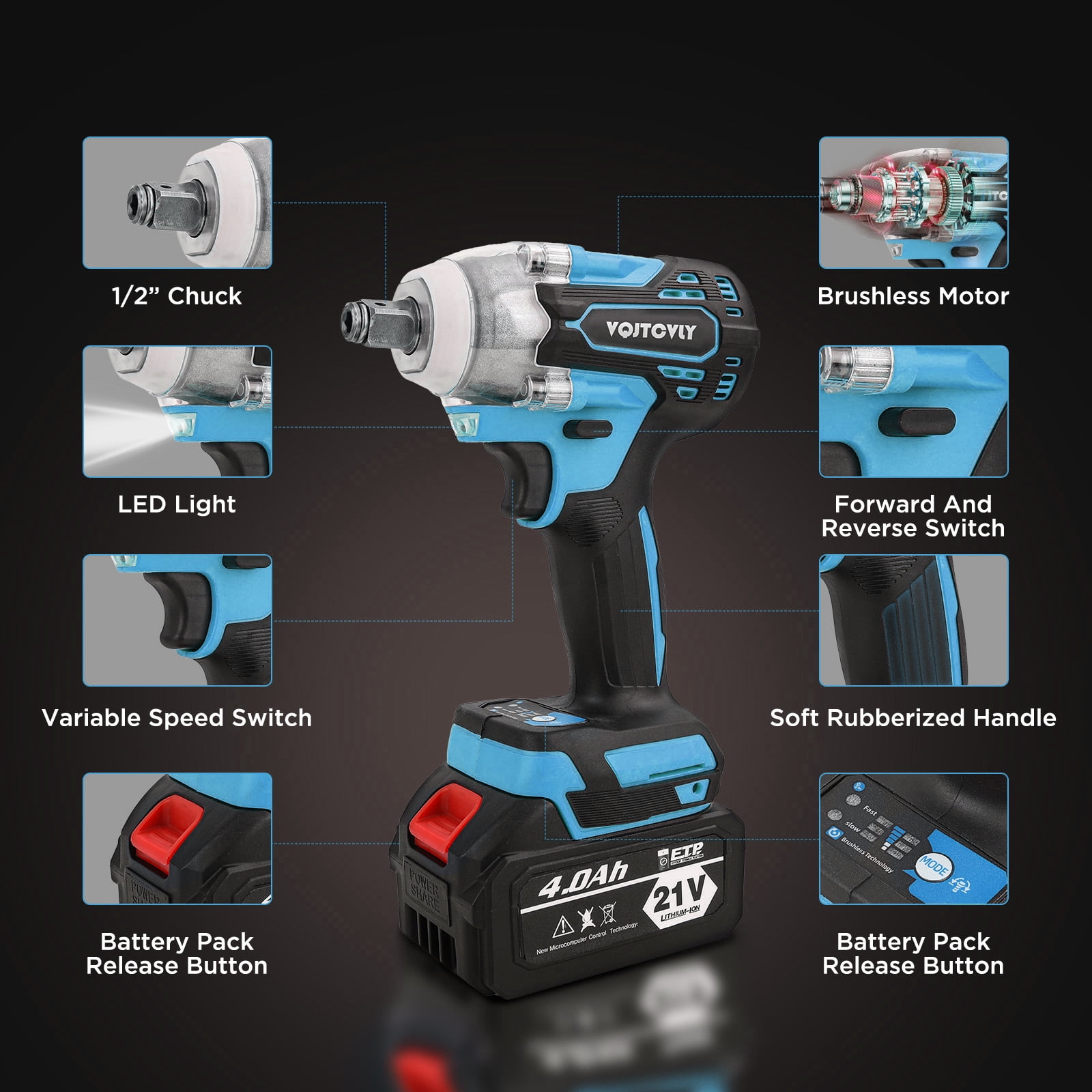 Euur Brushless impact driver, 21V Cordless impact wrench 1/2 Inch, 2 × 4.0Ah impact drill tool set, 5 Sockets,7 Drill,6 Screws for Car Home Truck Mower Father Dad Husband, Blue