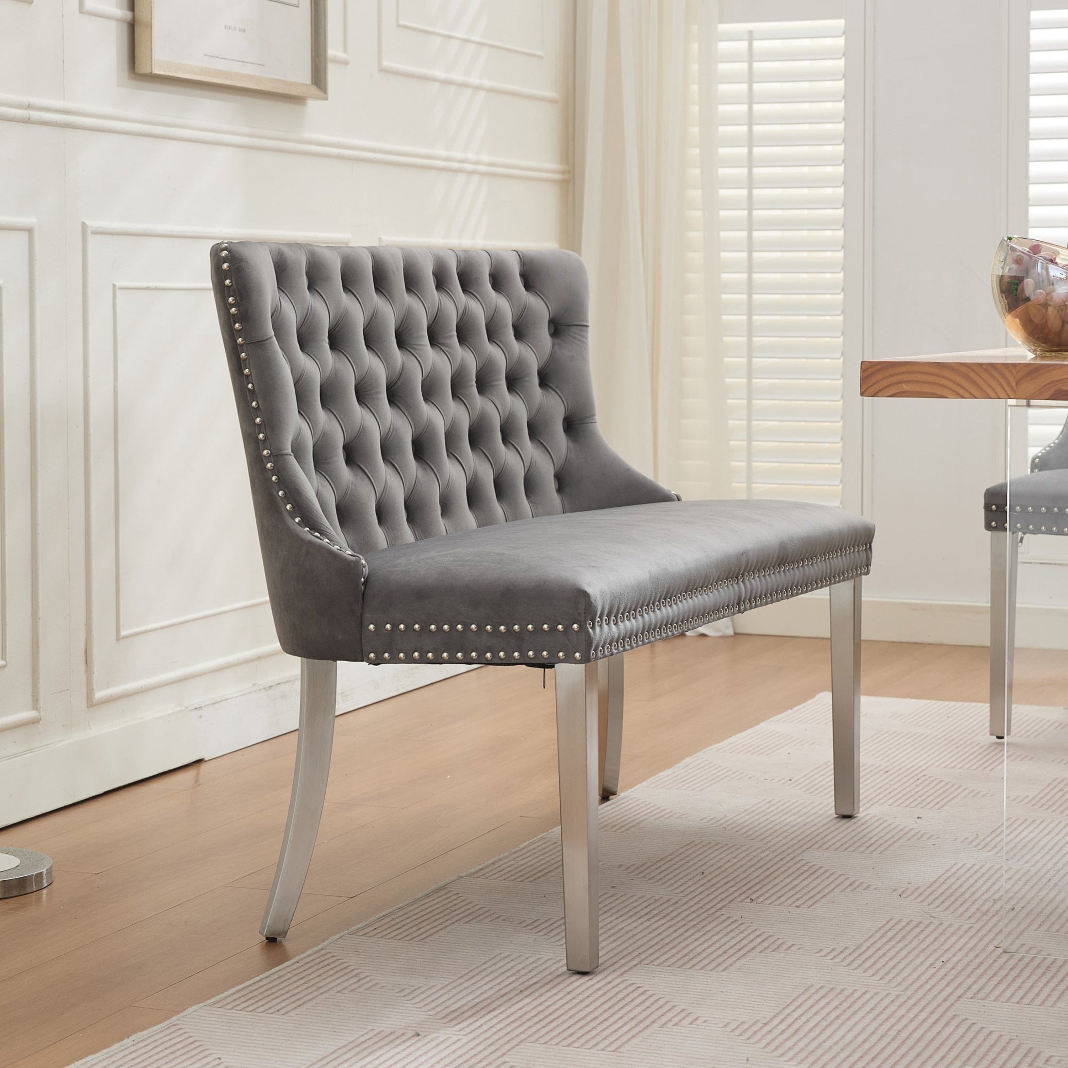 Noble House 2-Seat Velvet Dining Bench, Tufted Wingback Upholstery, Steel Legs, Gray + Silver