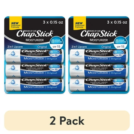 (2 pack) ChapStick Lip Moisturizer and Skin Protectant Lip Balm Tube, Original Flavor, Sunscreen, SPF 15, 0.15 oz, 3 Pack