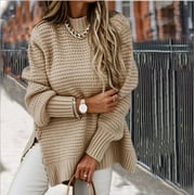 Women's Fashion Casual Oversize Sweater Elegant Solid Color Loose Turtle Neck Tops Irregular Long Sleeve Commuter Tops
