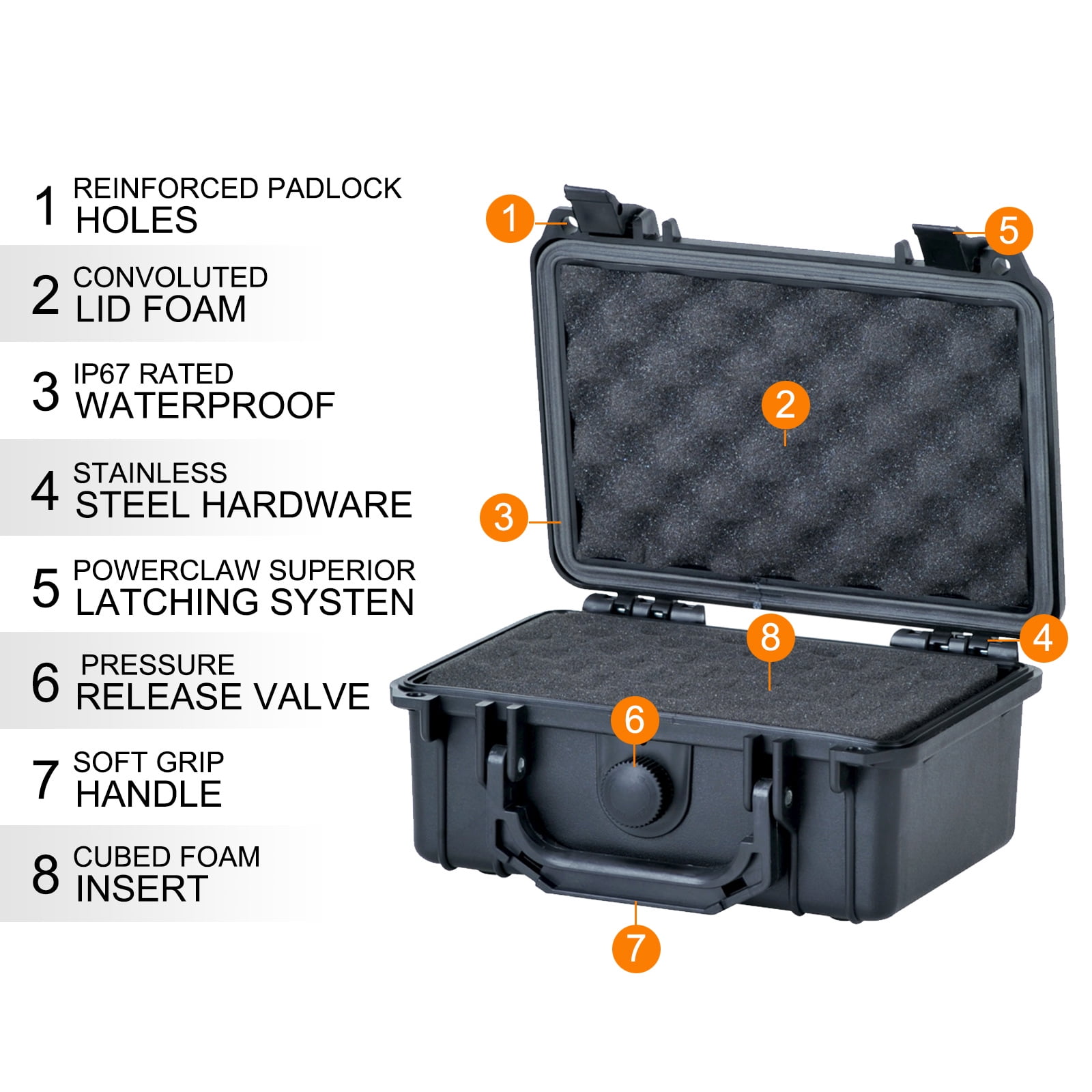 MEIJIA Portable All Weather IP67 Waterproof Hard Case with Foam,Black, 8.12x6.56x3.56inches,