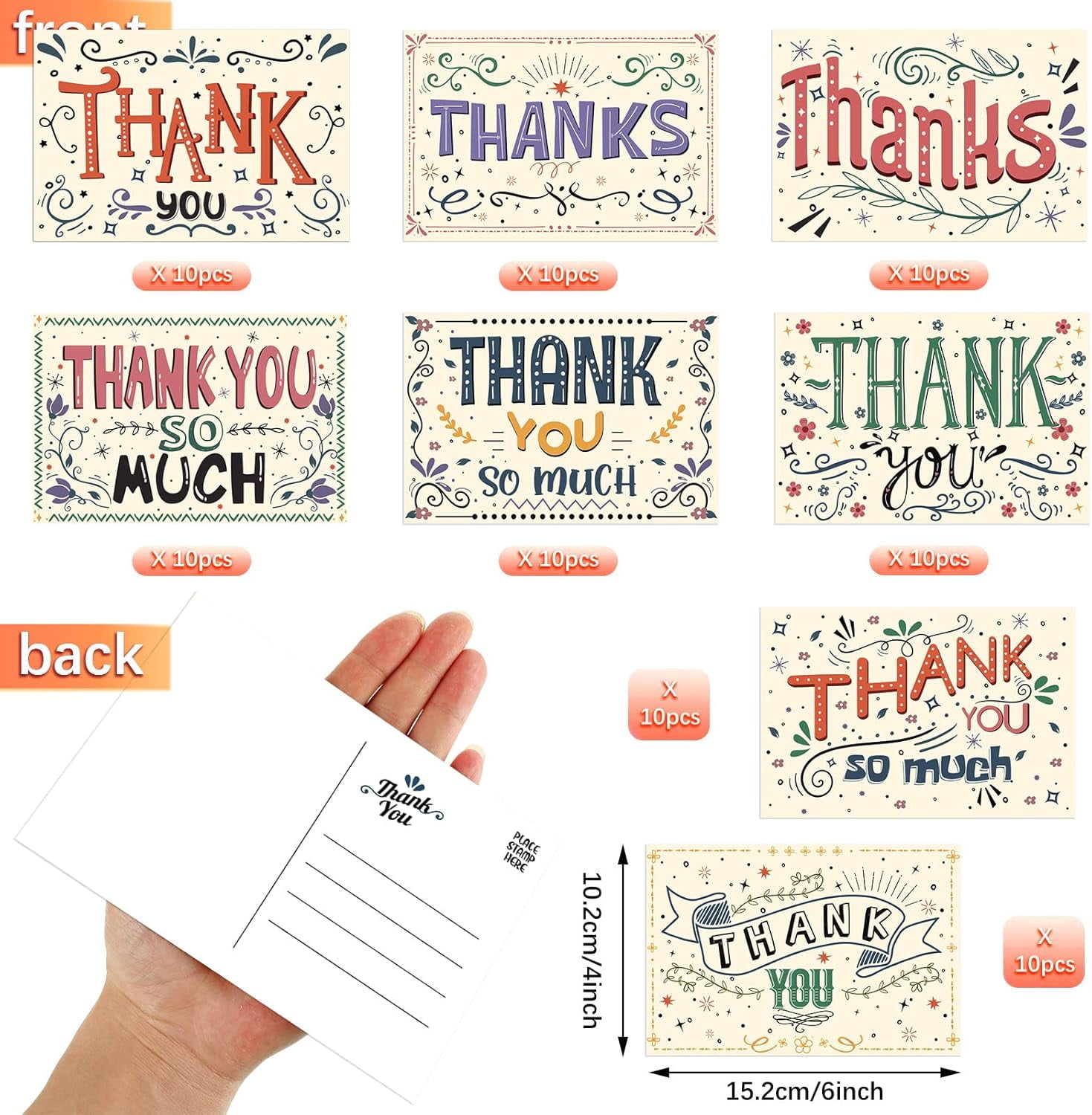 Thank You Postcards Retro Appreciation Note Cards Blank Assorted