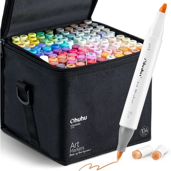 Ohuhu 104-Color Alcohol Markers Set, Dual Tip Brush & Chisel, Refillable, Honolulu Series