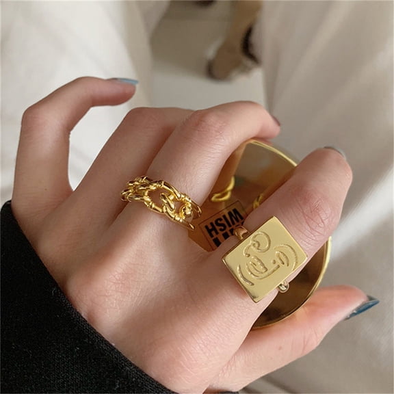 Gold Stainless Steel Square Smile Face Thick Chain Rings Set of 3 Geometric Rings Unisex Jewelry Fashion Rings