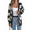 thumbnail image 2 of Women'S Autumn and Winter Contrast Color Plaid Lantern Sleeve Cardigan Sweater Mid-Length Coat Black S, 2 of 9