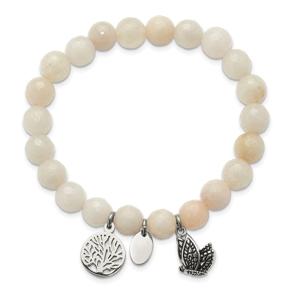 Diamond2Deal Stainless Steel Butterfly and Tree of Life 8mm White Jade Beaded Stretch Bracelet for Women 6.25"