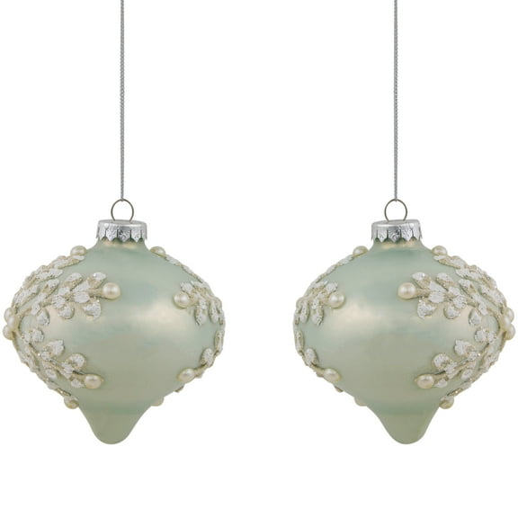 Northlight Set of 2 Pastel Green with Icy Snowflakes Christmas Glass Onion Ornaments 4"