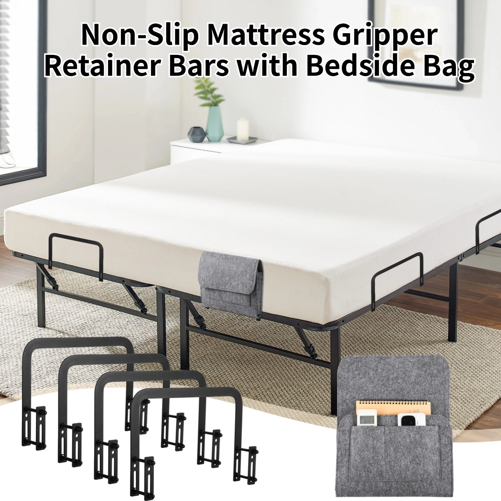 4 PCS Mattress Slide Stoppers with Felt Bedside Bag, Non-Slip Mattress Gripper Retainer Bars, Mattress Holder for Metal Bed Frame to Prevent Sliding