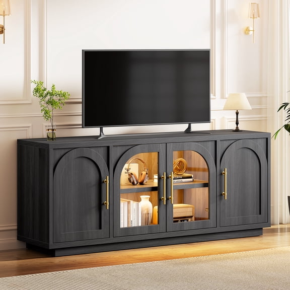 SIKAIC 63" Modern TV Stand with Cabinets and LED Lights,Fits up to 60 in TV,Arched Modern Entertainment Center,Glass Doors Television Stand for Living Room,Black